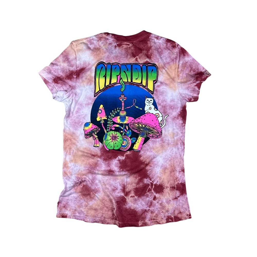 RIPNDIP Tie Dye T-Shirt‎ Women's Medium Cat Mushroom Trippy Graphic Tee Pink